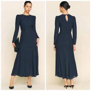 Reformation Navy Long Sleeve Midi Dress
